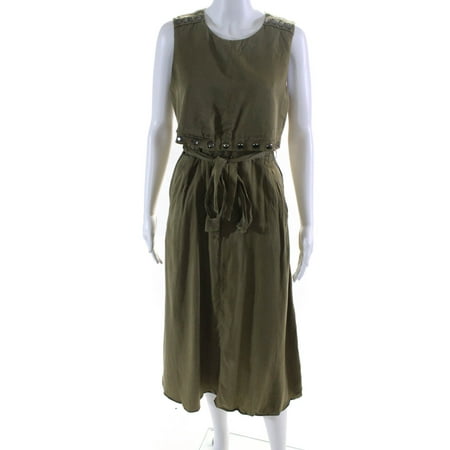 

Pre-owned|BCBGMAXAZRIA Womens Layered Studded Tie Waist Maxi Dress Olive Green Size 2