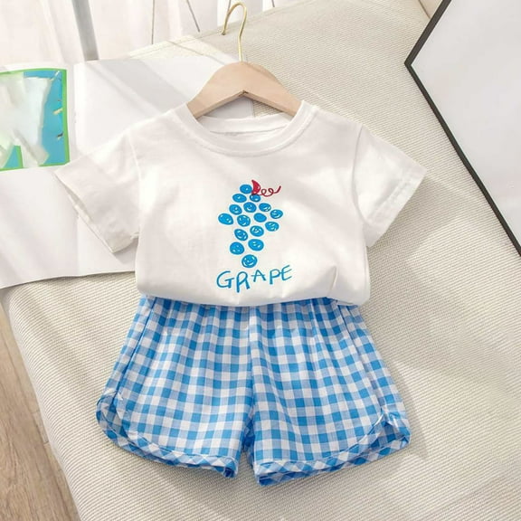 TMOYZQ Baby Boys Girls Outfits Cotton Short Sleeve Cute Print T-shirt Plaid Shorts Toddler Casual Beach Outfit Summer Clothes