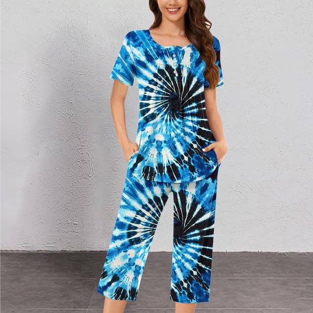 Qiopertar Liquidation à Moins de 5$ Ensemble de Pyjama à Manches Courtes et Col Rond pour Femmes avec Poches Économisez jusqu'à 90 %
