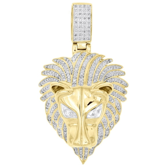 10K Yellow Gold Real Round Diamond Lion Head Pendant 2.2" Mens Pave Charm 7/8 CT