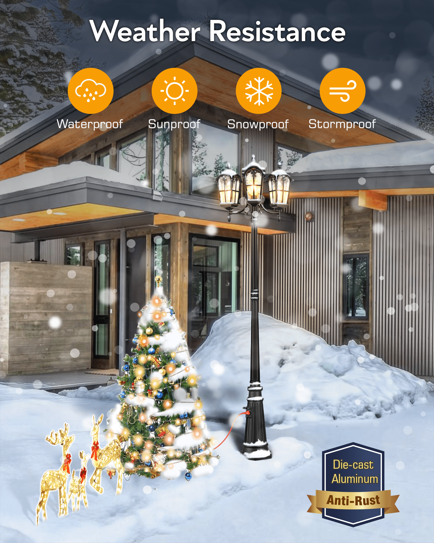 VIANIS 3-Head Outdoor Lamp Post Light Fixture with Outlet, Black Dusk Dawn Lamp Posts Outdoor Lighting, Waterproof Anti-Rust Aluminum with Tempered Glass, Street Light for Garden, Patio, Driveway