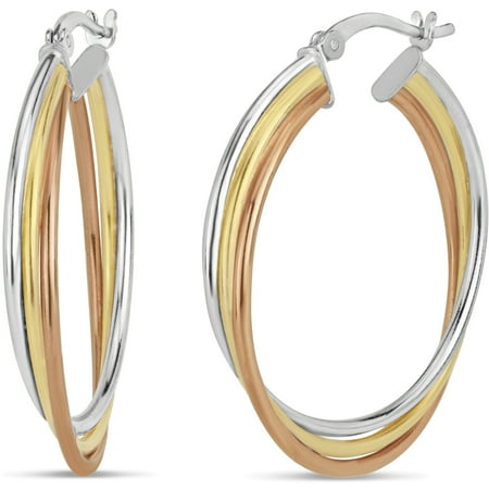 Triple Threat Hoops - 3Tone Sterling Silver and 18kt Gold Over Silver and 18k Rose Gold 30x4MM Triple Hoop Earrings
