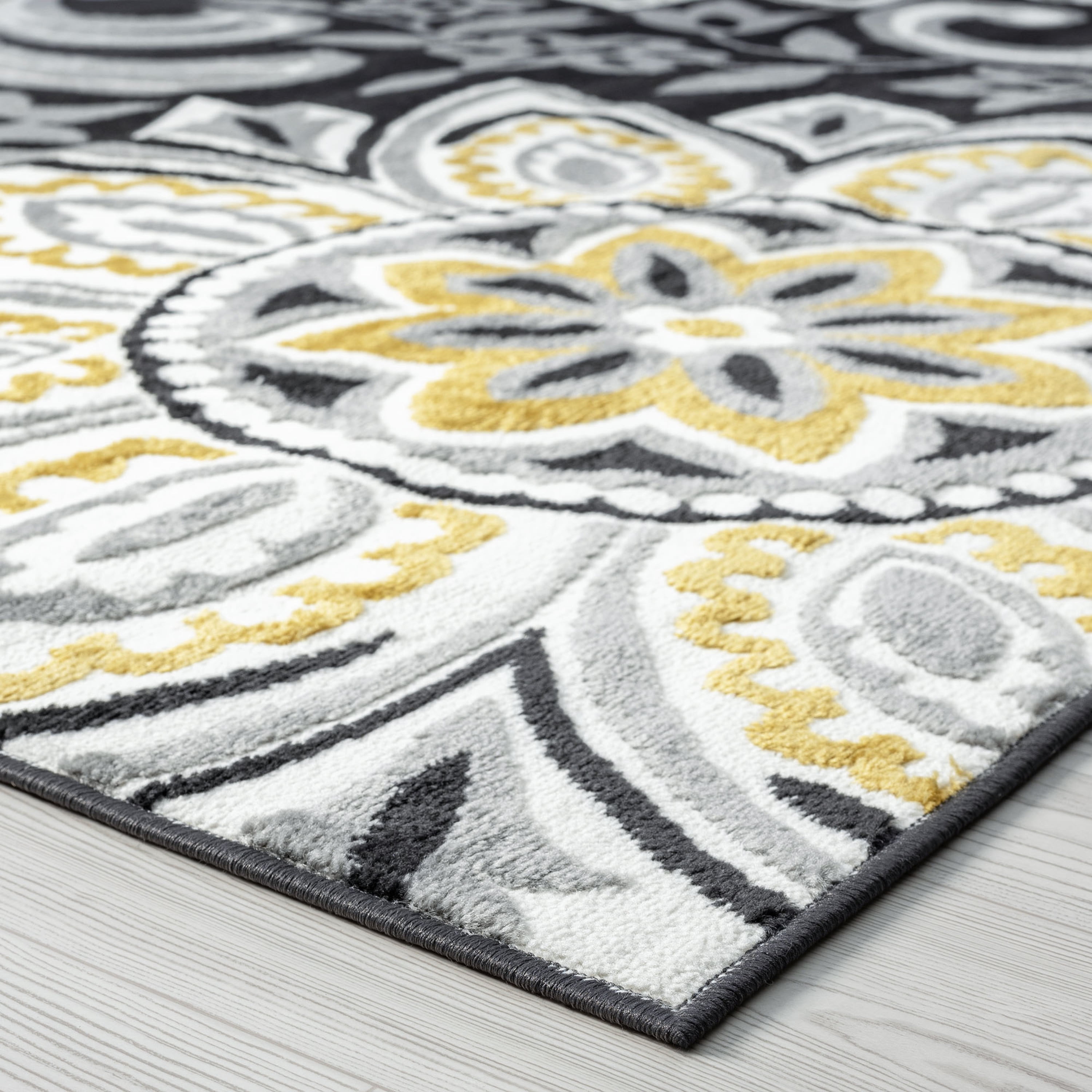 Transitional 5x8 Area Rug (5'3'' x 7'3'') Floral Yellow, Charcoal Living Room Easy to Clean