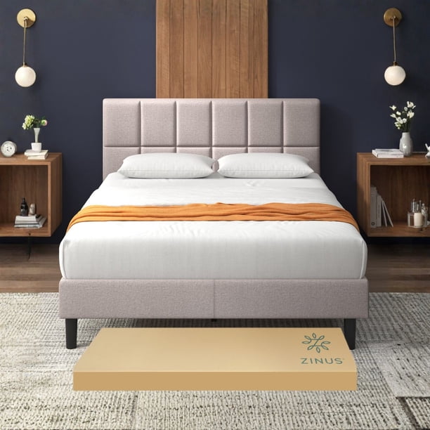Base de Cama con Cabecera King Size Zinus Leo Tapizada Color Beige. Fácil Armado.