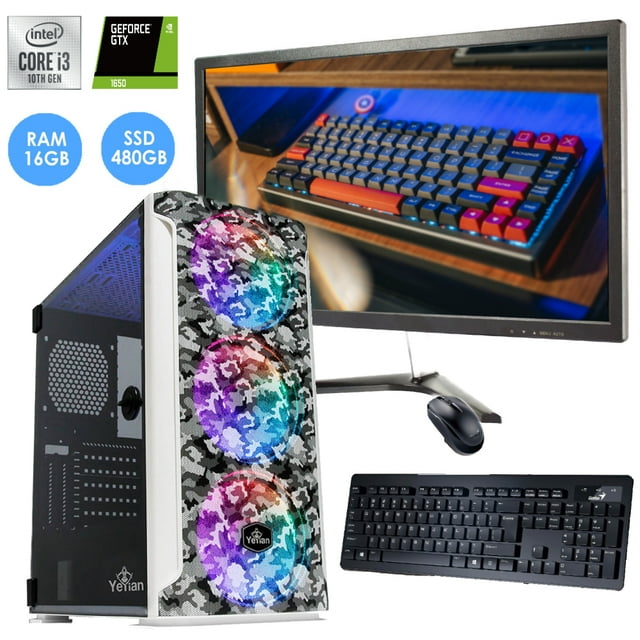 computadora pc armada i3 10100f intel ssd 480gb 16gb ram nvidia gtx 1650 80+ monitor 21.5 pulgadas Torre ensamblada negra con frente de patrón gris y tres ventiladores RGB visibles, monitor 21.5" Full HD, teclado y mouse negros incluidos, logos de Intel i3 y GeForce GTX y etiquetas que indican RAM 16GB y SSD 480GB. También suele usarse para juegos y tareas multimedia.