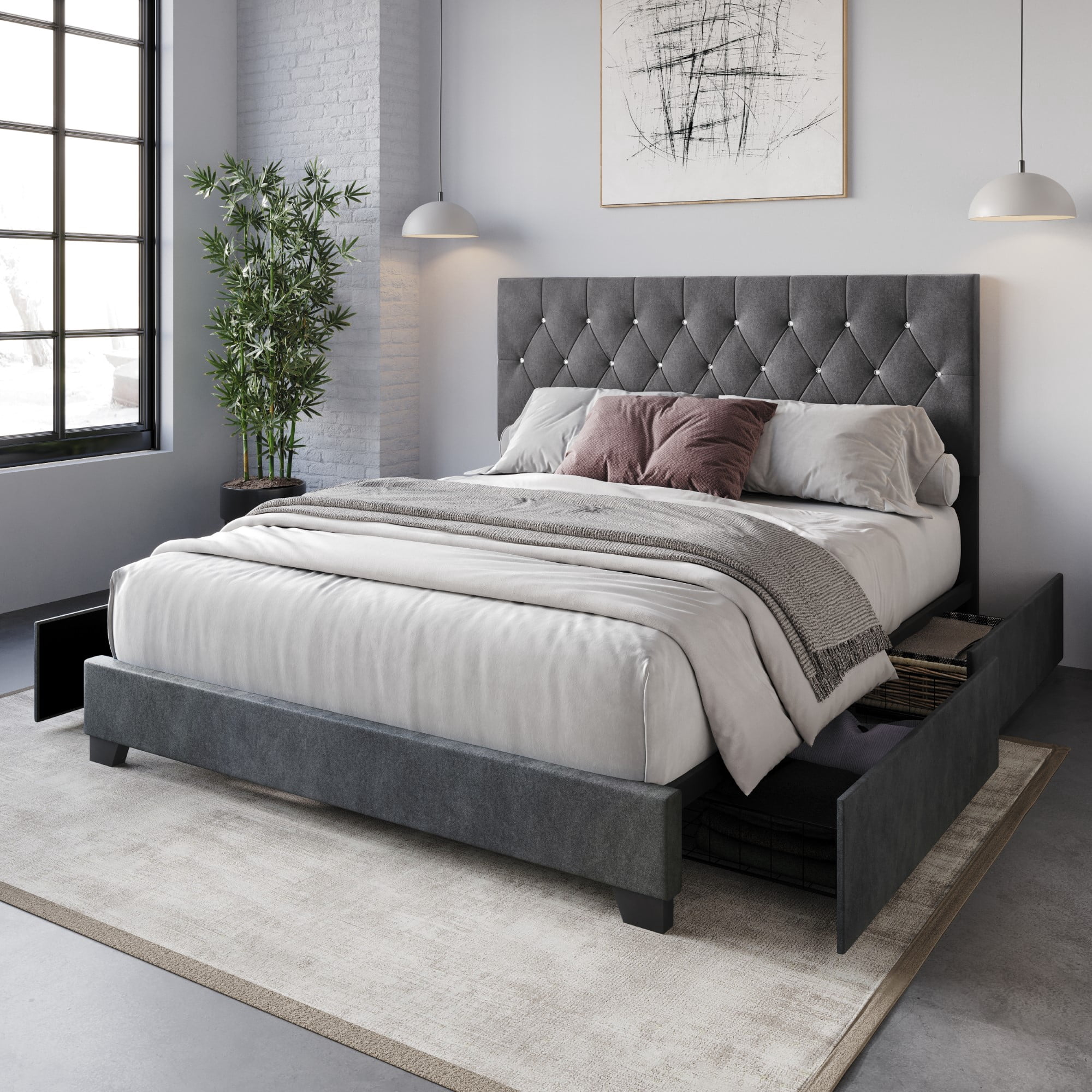 Home Design Sheffield Full Tufted Upholstered Storage Platform Bed Frame with Diamond Button-Tufted Headboard and Four Under-Drawers, Dark Gray, Easy Assembly
