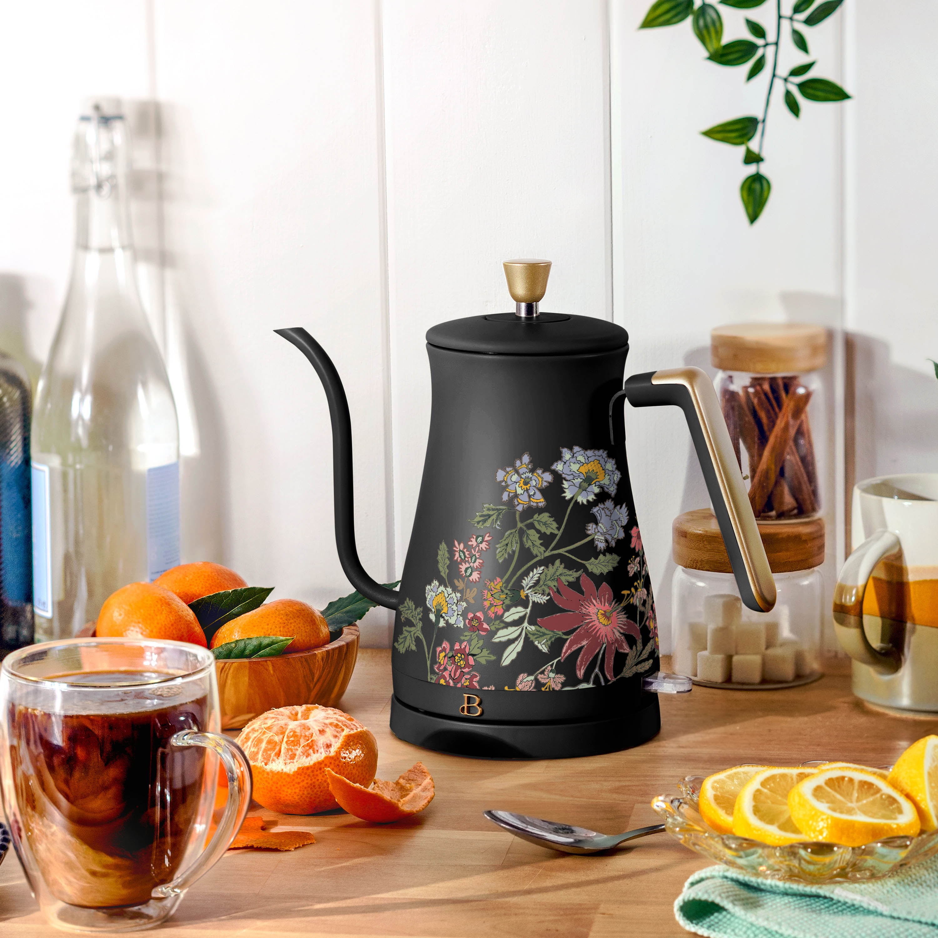 Beautiful 1-Liter Electric Gooseneck Kettle 1200 W, Wildflower Black Sesame by Drew Barrymore
