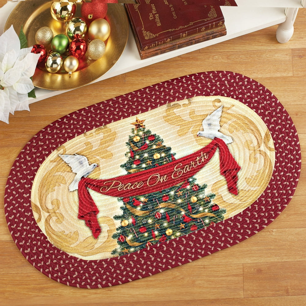 Christmas Tree and Doves Peace on Earth Area Braided Runner Rug