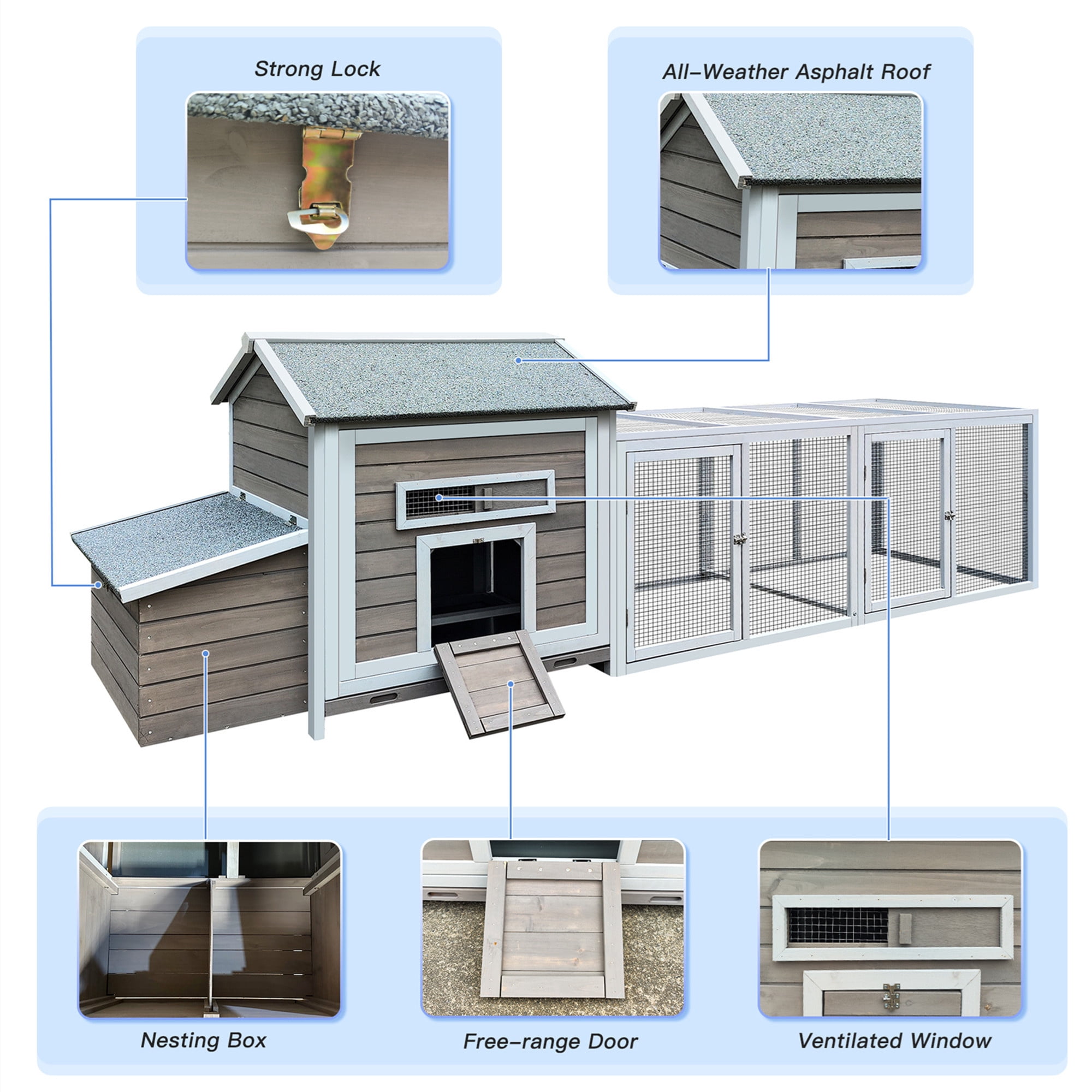 Aukfa 114" Large Chicken Coop Wood Chicken Run Cage w/ Nest Box and Pull-on Tray for Outdoor, Backyard, Gray