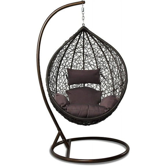 Island Gale Hanging Basket Chair Outdoor Front Porch Furniture with Stand and Cushion (Brown Wicker, Brown Cushion)