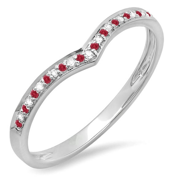 14K Gold Round Ruby & White Diamond Ladies Chevron Wedding Stackable Band