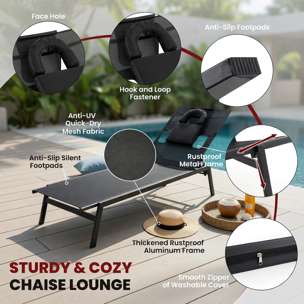 Hommoo 5-Position Adjustable Sun Lounger Chair for Patio, Poolside & Backyard, Metal Tanning Chaise with Headrest & U-Shaped Pillow, Black