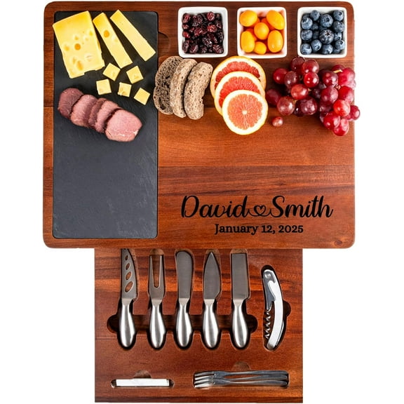 Personalized Acacia Wood Charcuterie Board Set with Stainless Steel Knives – Custom Cheese Board Gift for Wedding, Housewarming, Bridal Shower, Anniversary, Women and Couples, Gifts for Her