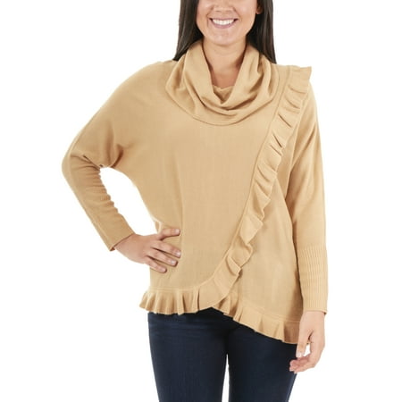Ruffle Neck Wrap - Women's Faux Wrap Ruffle Cowl Neck Sweater