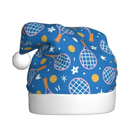 Fuzoiu Tennis Print Santa Hat Christmas Hat for Adults,Santa Hats with Pompom, Unisex Xmas Holiday Hat for Christmas New Year Festive Party Supplies
