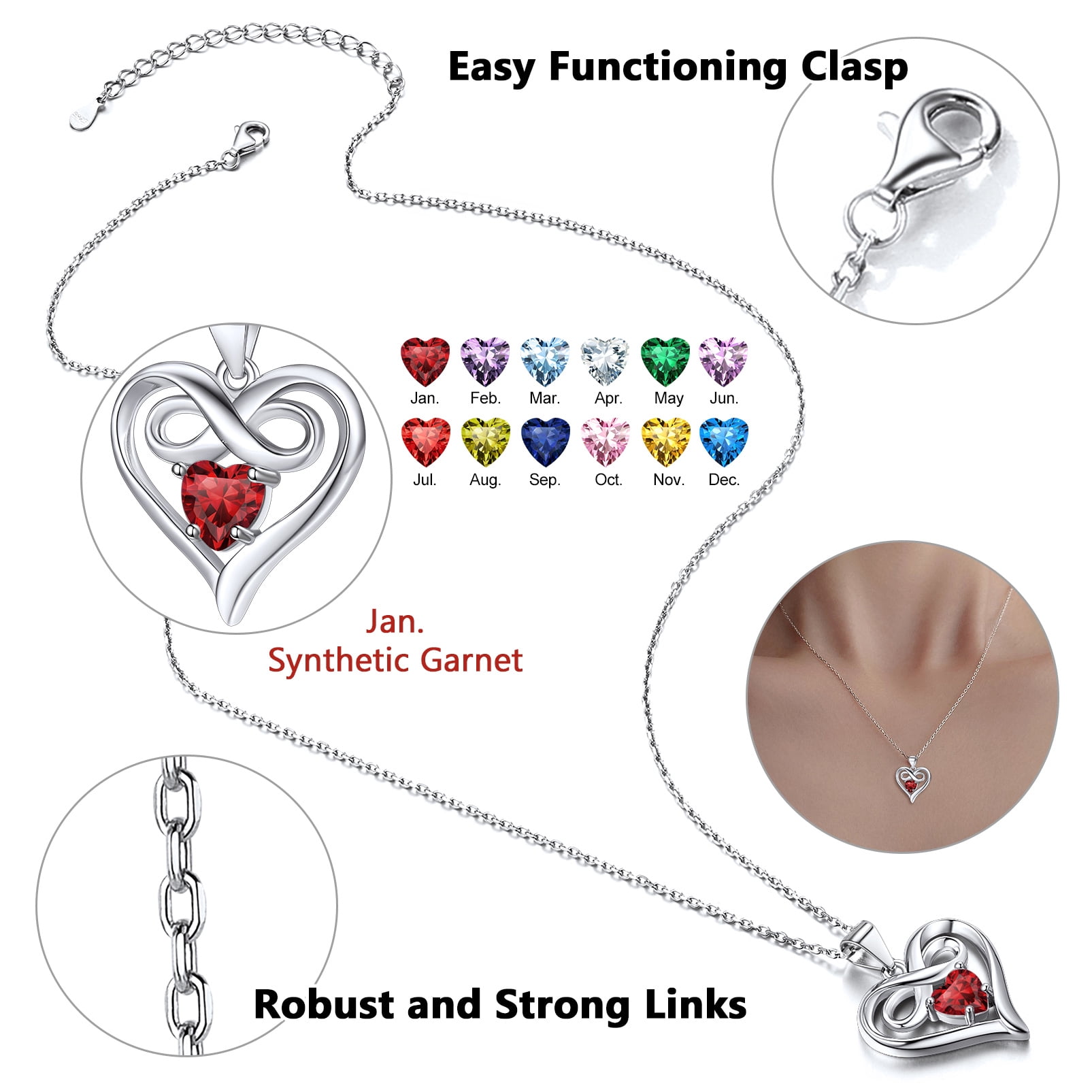 Silvora S925 Sterling Silver Necklace for Women Heart Infinity Birthstone Necklaces Red Garnet Pendant Birthday Christmas Anniversary Valentines Jewelry Gifts, January