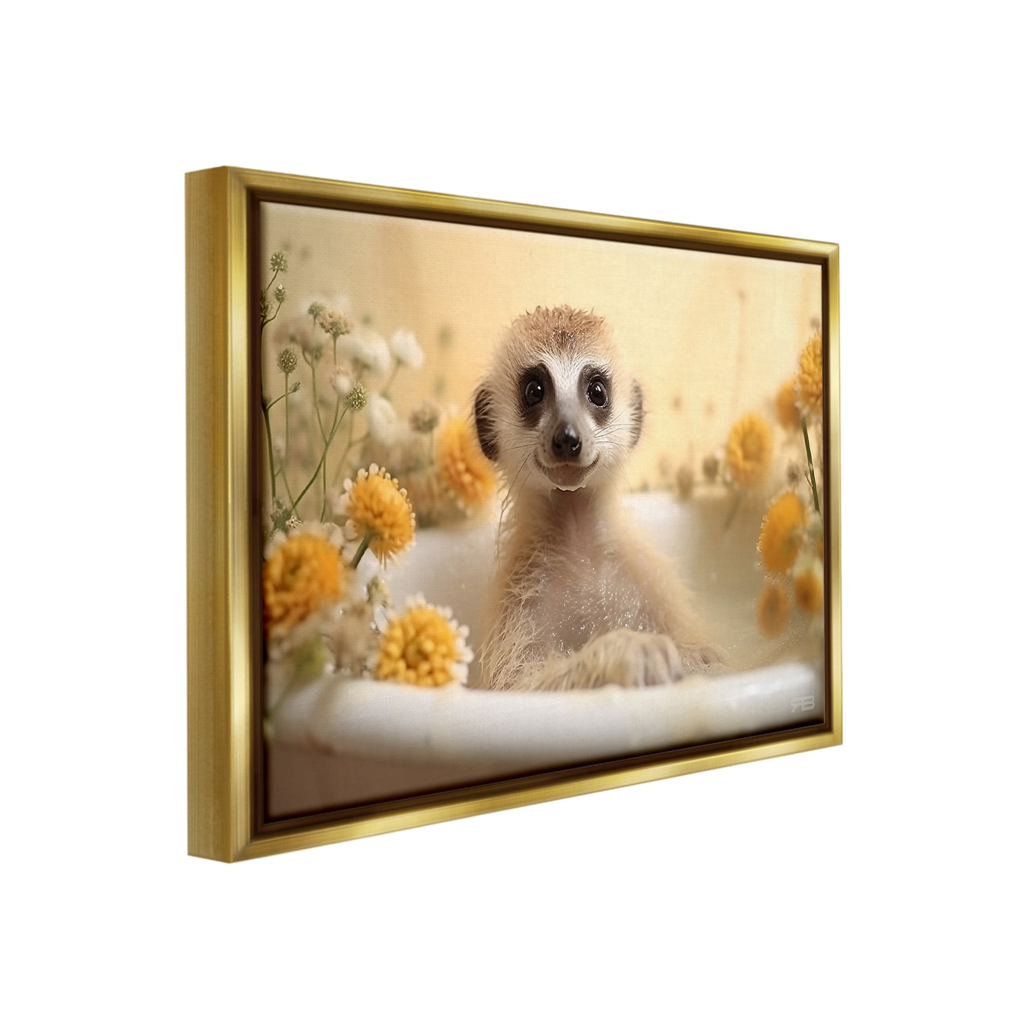 Stupell Industries Meerkat & Floral Bath Animals & Insects Painting Gold Floater Framed Canvas Art Print Wall Art, 21 x 17