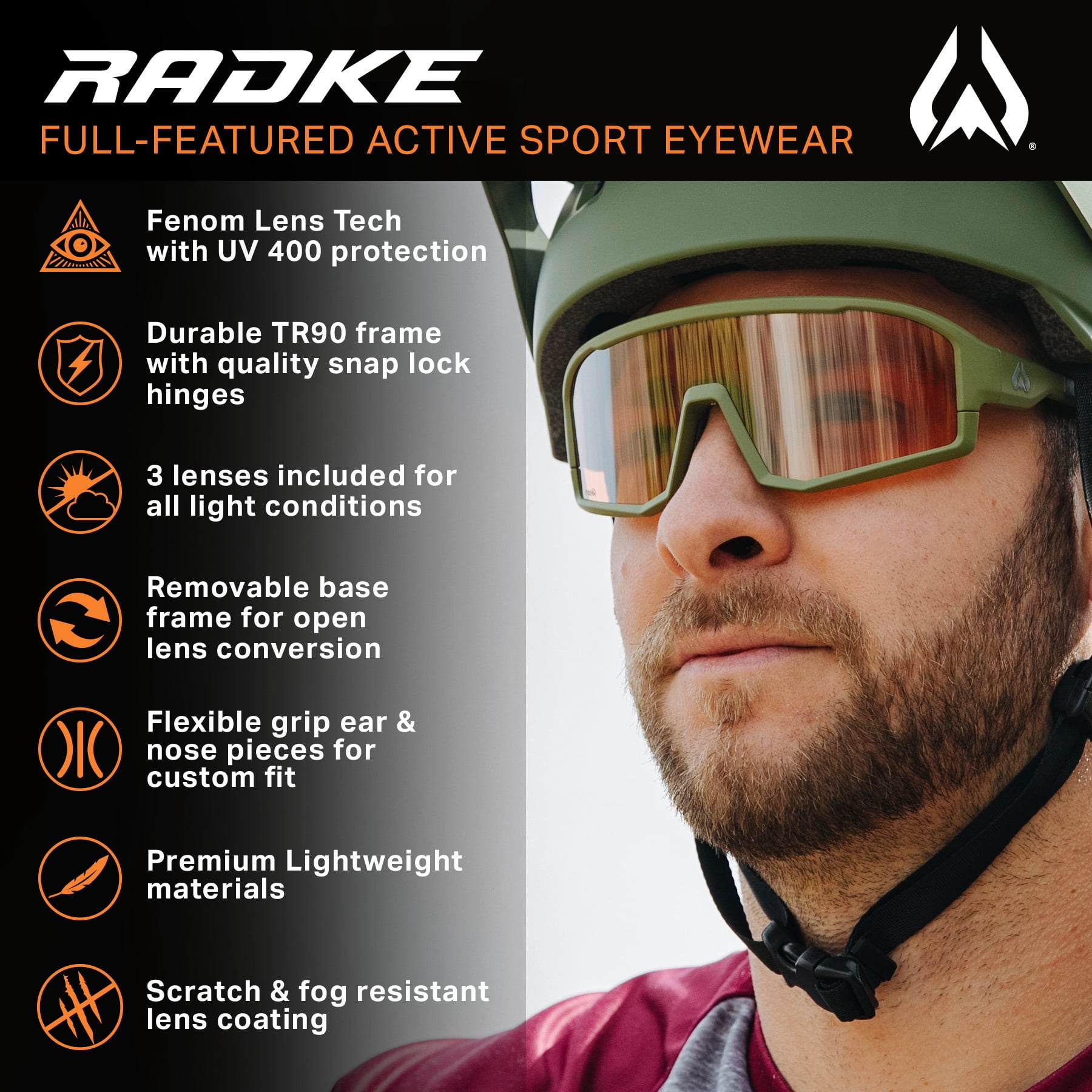 Wildhorn Radke MTB Cycling Glasses, UV400 Sports Ski Running Sunglasses for Women & Men, Baseball Glasses w/3 Swap Lenses
