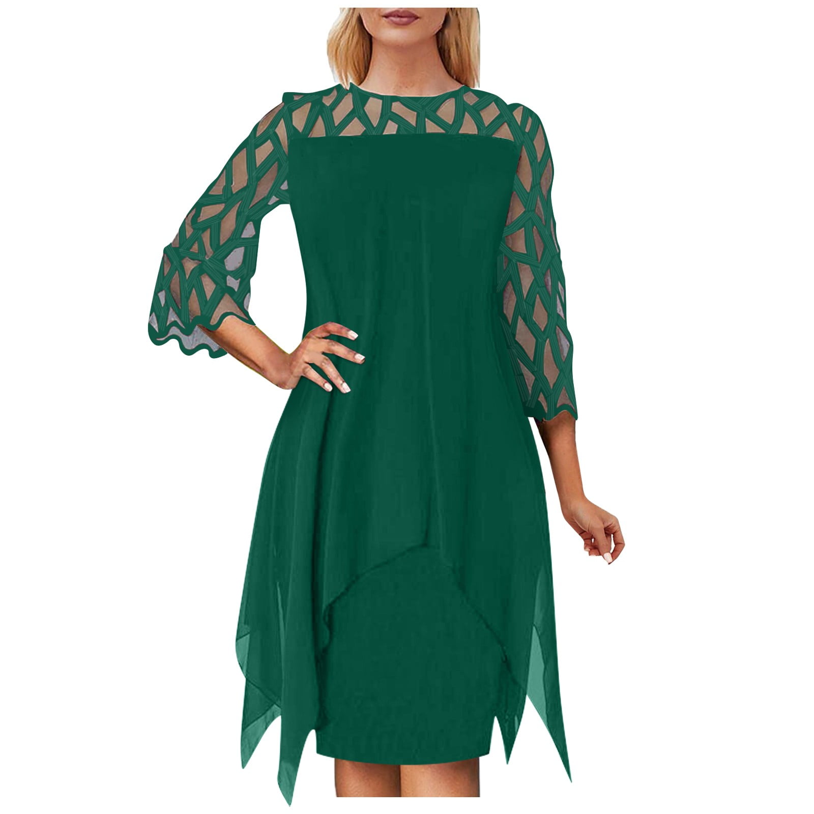 Women's Plus Size Summer Dresses Hollow Out Long Sleeve Mesh Midi Dress