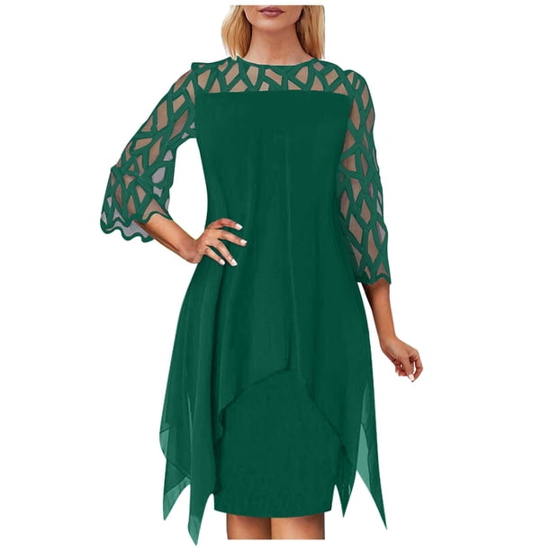 Vestido de malla calado para mujer talla grande - Manga larga, largo midi, poliéster, fiesta/casual, L-XXXXXL