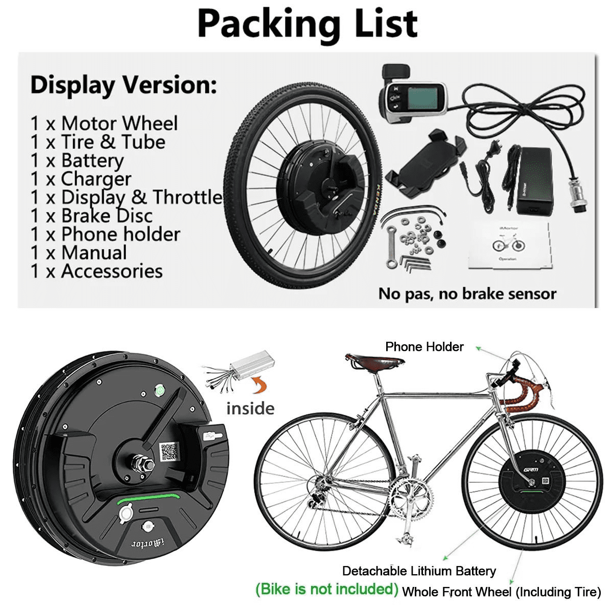 iMortor 3 350W Electric Bike Front Wheel Kit 26" Conversion Kit 36V 7.2Ah Lithium Battery 25MPH Speed 32 Miles Range
