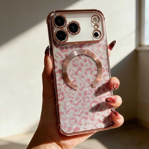 Glitter Case for iPhone 15 Plus Phone Case, Magnetic Compatible with Mag-Safe, Sparkle Bling Shiny Sparkly Shining Design, Leopard Pattern Rugged Shockproof Cover for Women Girls, Pink