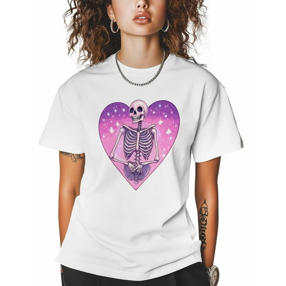 T Shirts for Women Short Sleeve Cotton Crewneck T-Shirt, Trendy Skull Pink Heart Tee Tops Casual Basic T-Shirts, XS-5XL White XL