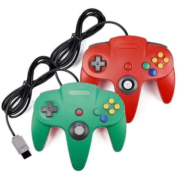 RetroFam Paquete de 2 Controladores de Joystick de Videojuego con Cable Nintendo 64 N64, Verde y Rojo