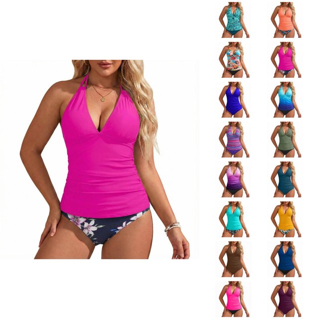 Womens Swimsuits Tankini Fashion Deep V Neck Slimming Tummy Control with High Waisted Bottom Two Piece Bathing Suits Woman