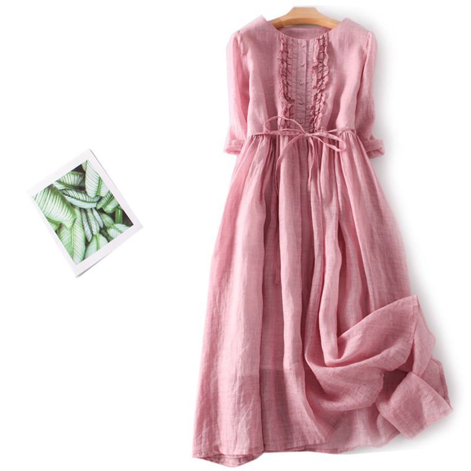 Cotton Linen Sundress for Women Solid Color 3/4 Sleeve Button Maxi Dress Tunic Bow Tie Front Layered Flowy Dresses