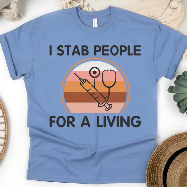 Funny Nurse Graphic T-Shirt with Syringe and Stethoscope Design, CarolinaBlue, Size XL
