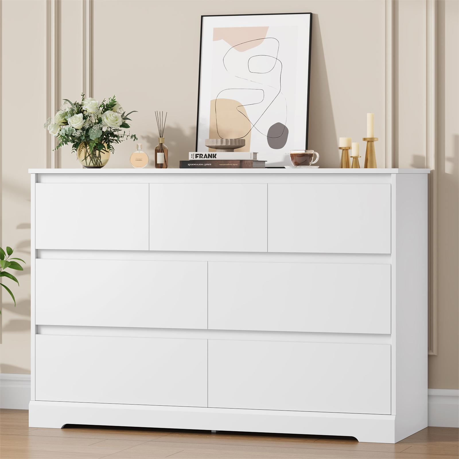 Homfa 7 Drawer Double Dresser, 47.2"W Contemporary Wood Chest of Drawer Storage Cabinet for Bedroom Living Room, White