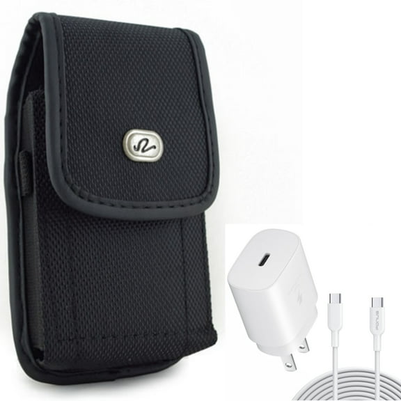 10ft USB-C Cable PD Type-C 25W Fast Home Charger w Holster Rugged Case Belt Clip for Motorola One Zoom, Moto Z4 Z3 Play Z2 Play Force Z Force Droid, Revvlry Plus, G7 G Stylus Power (2020)