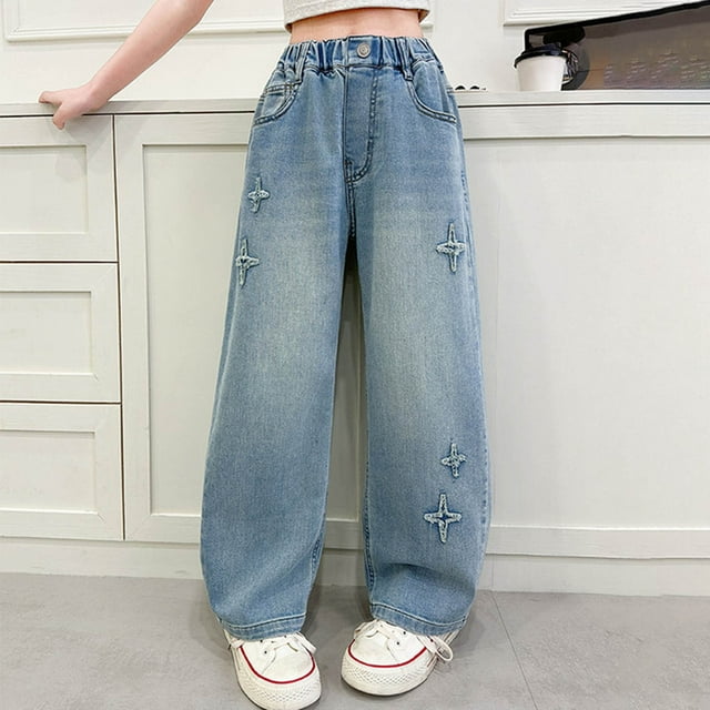 Cowsor Girls Baggy Jeans Distressed Denim Pants Elastic Waist Wide Leg Jeans for Girls Kids Loose