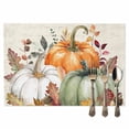 thumbnail image 2 of Thanksgiving Placemats Set of 2 Fall Green Orange Pumpkin Eucalyptus Leaf Heat Insulated Linen Place Mats, Washable Stain-Proof Table Mats for Dining Tables Holiday Decor 13x19inch, 2 of 9