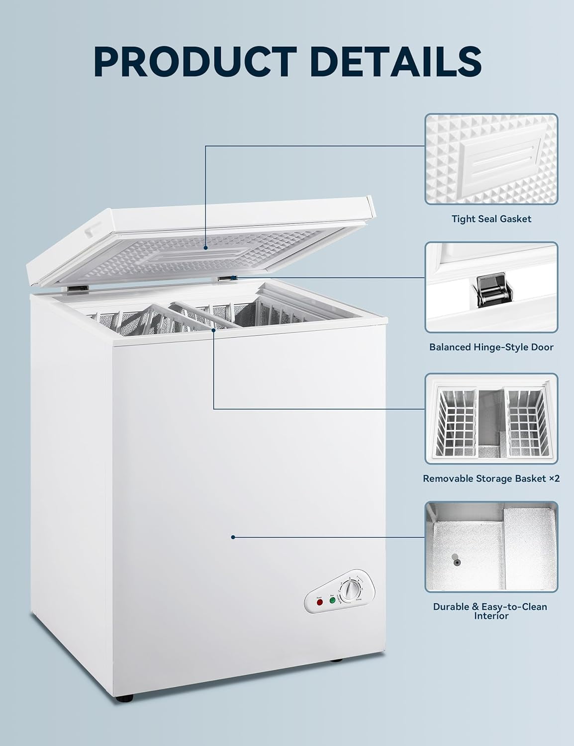 Kcpolre 5.0 Cu.ft Chest Freezer, Quiet Mini Freezer with Adjustable Thermostat - Compact Deep Freezer for Home, Apartment, and Garage, White