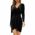 thumbnail image 1 of Vestido de terciopelo para mujer Lazo en la cintura Abrigo Fruncido Cuello en V Bodycon Party Club VestidosBlackS, 1 of 3