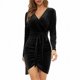 thumbnail image 1 of Vestido de terciopelo para mujer, con lazo en la cintura, con cuello en V fruncido, vestidos ajustados para fiesta, Club, negro, 3XL, 1 of 3