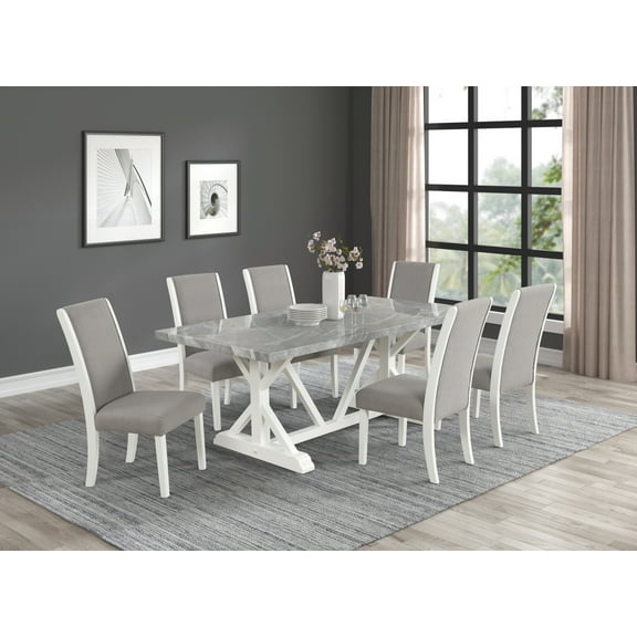 Contemporary Faux Marble Top Fully Upholstered Chairs Gray White 7pc Set