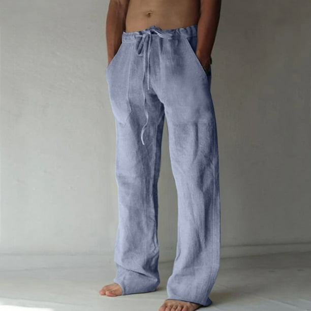Pantalones largos para hombre, de algodón y lino, con cintura elástica, transpirables, cómodos y suaves, para playa, informales.