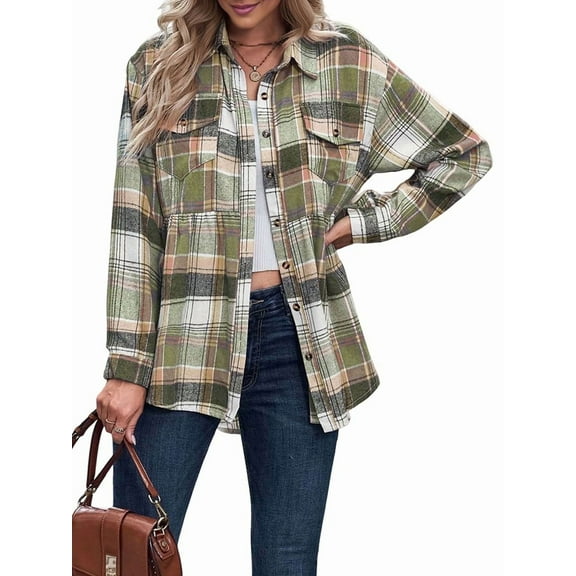 Women'S Plaid Shirts Long Sleeves Button Down Peplum Babydoll Jacket Oversized Casual Pocket Blouses Tops Green XL