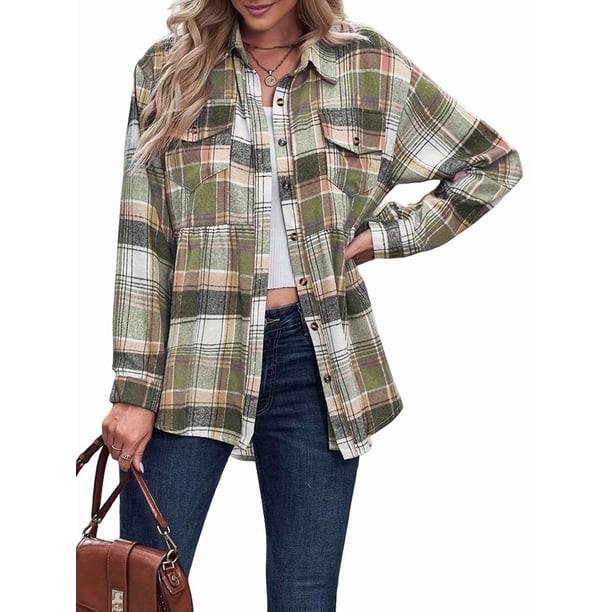 Camisas A Cuadros para Mujer, de Larga, con Botones, Estilo Babydoll, Peplum, Blusas Informales Extragrandes con Bolsillos Verde XL