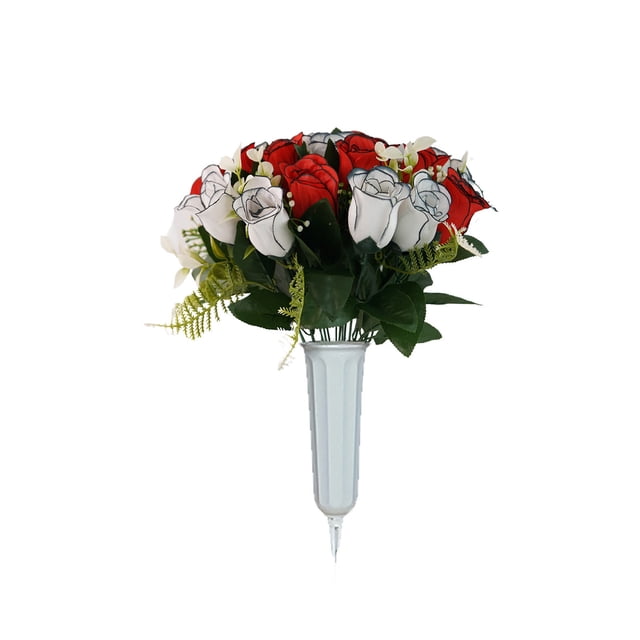 Ramo de rosas artificiales con jarrón, flores de seda conmemorativas para decoración de tumbas, resistente a la decoloración, arreglo funerario para exteriores, cementerio, monumento