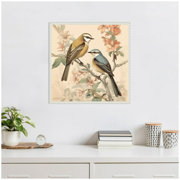 Kate and Laurel Vintage Style Birds and Botanicals Framed Canvas Wall Art by The Creative Bunch Studio 22 x 22 Sylvie Beaded White, Traditional, Animals, Nature, Flowers Art for Wall Decor, Living