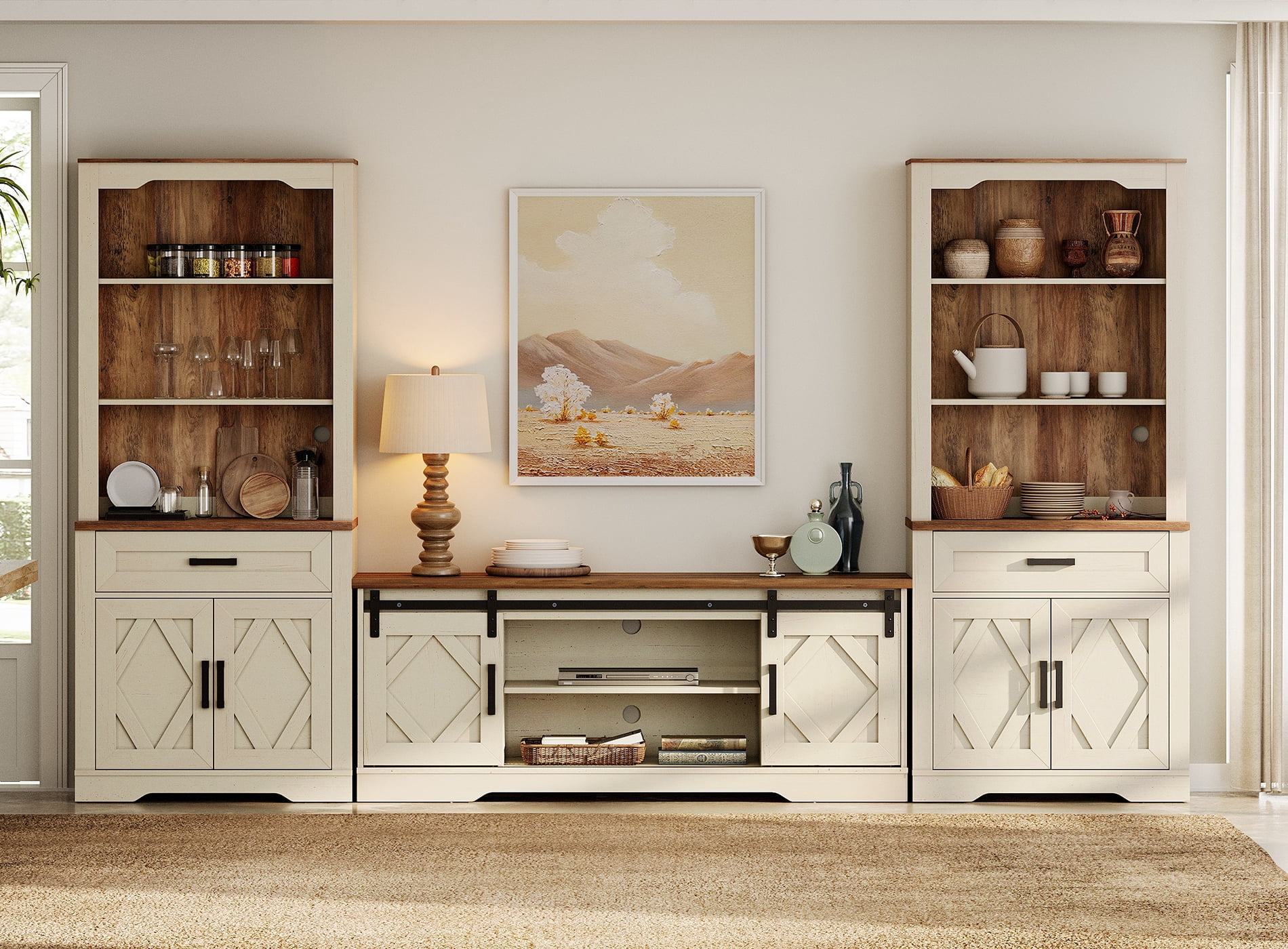 WAMPAT Farmhouse Entertainment Center with Bookshelf for TVs up to 65",Mid Century Modern TV Stand with 73"H Tall 5-Tier Bookcase with Open Storage and Barn Doors for Living Room,Cream White