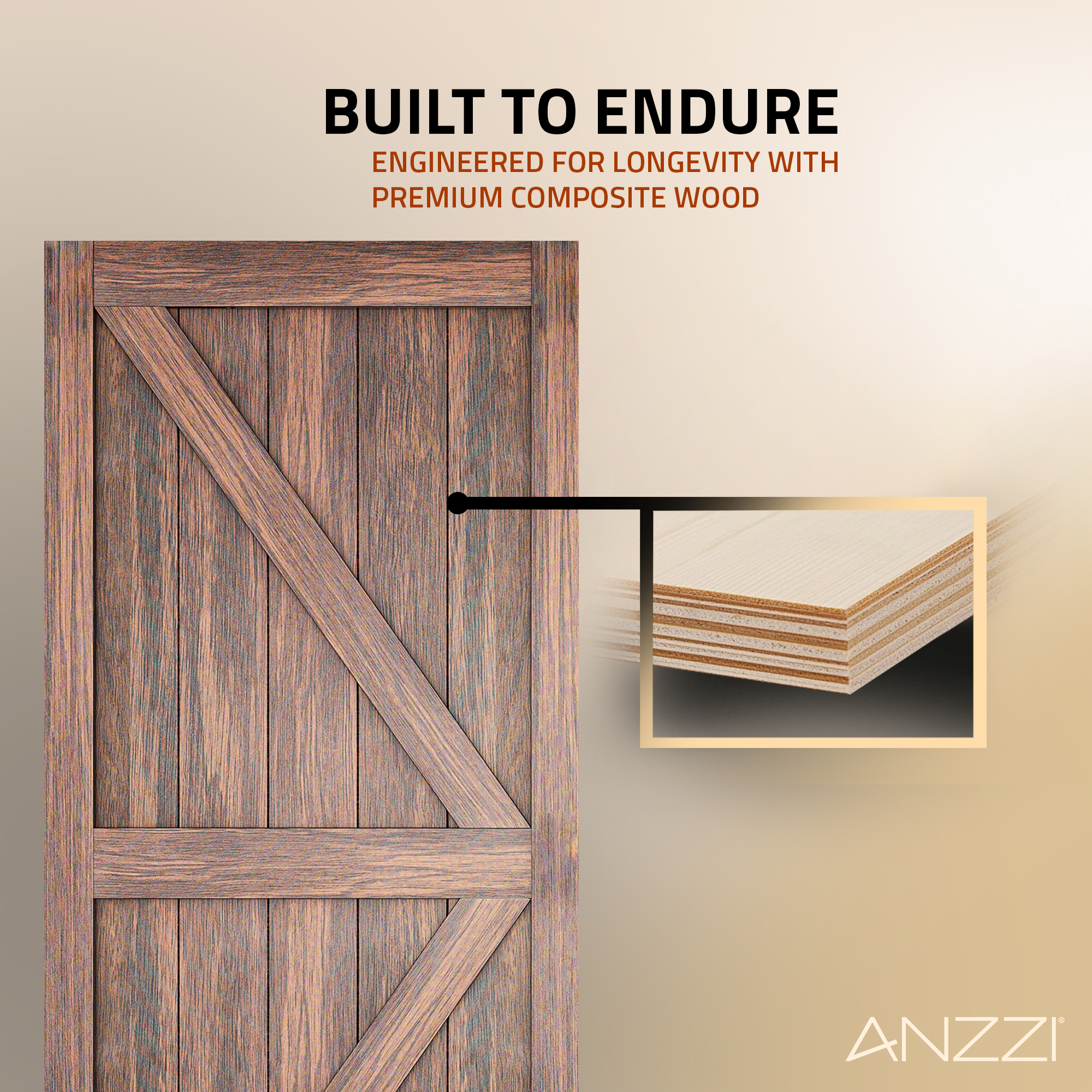 ANZZI Heavy Duty Sturdy Sliding Barn Door - 36x84'' Brown Sliding Wood Single Slide Door - Solid Core MDF + PVC - Knockdown Design - Barn Doors and Hardware Included - Space-Saving Solution
