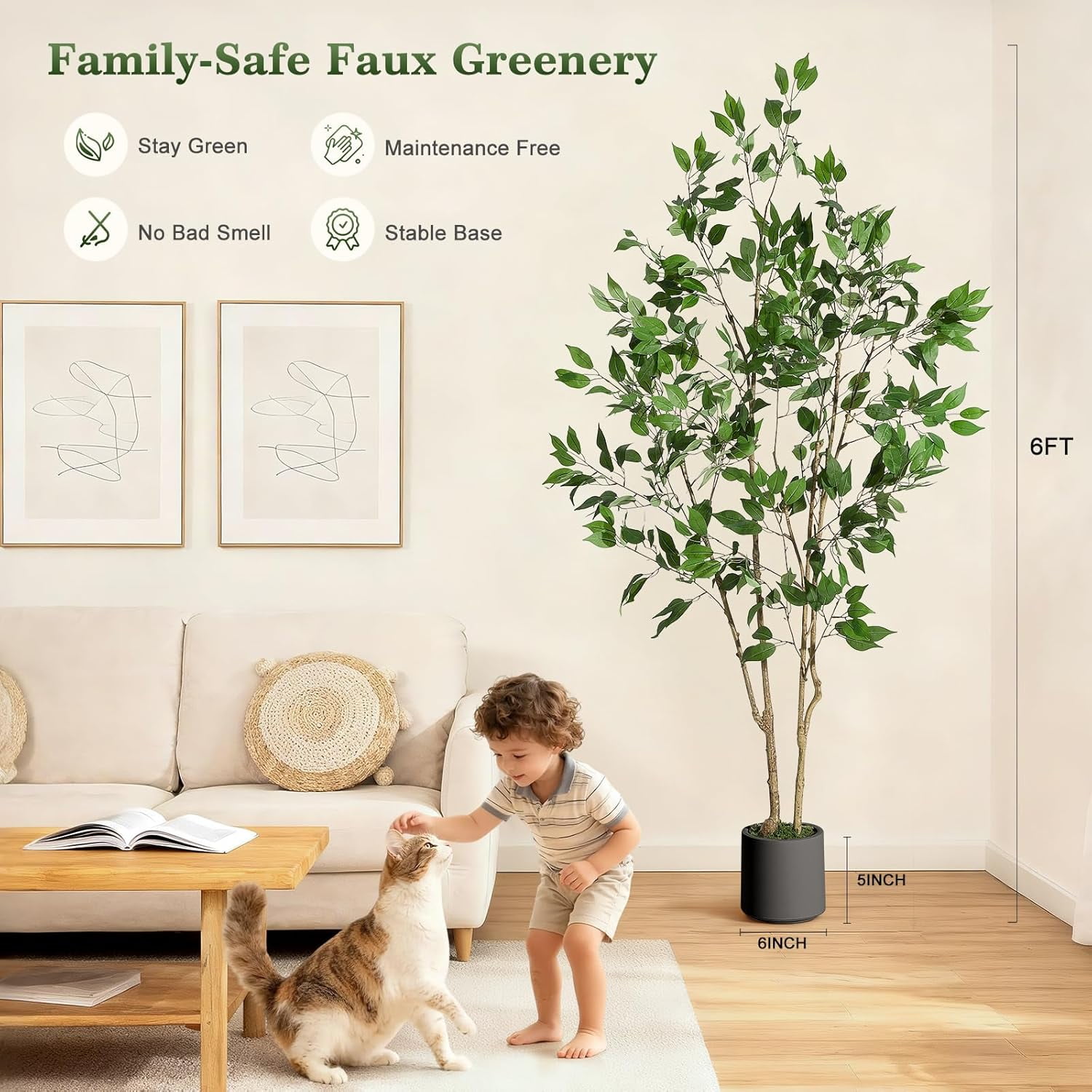 Ficus Trees Artificial Indoor, 6FT Tall Faux Ficus Tree with Black Planter & Green Fake Moss, Artificial Plants with Natural Wood Trunk & Lifelike Fruits for Home Office Decor