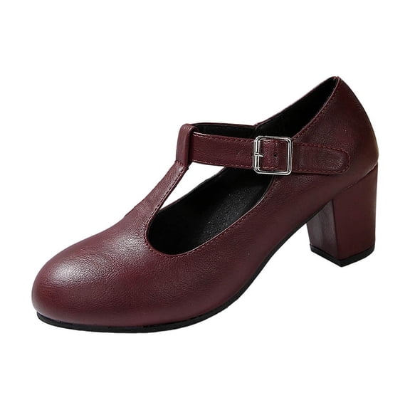 KEGIRLOM Women's Fashionable Casual Comfortable Plus Size Mary Shoes Solid Color Round Toe Buckle Heel Heel T-Strap High Heels Wine Size 9