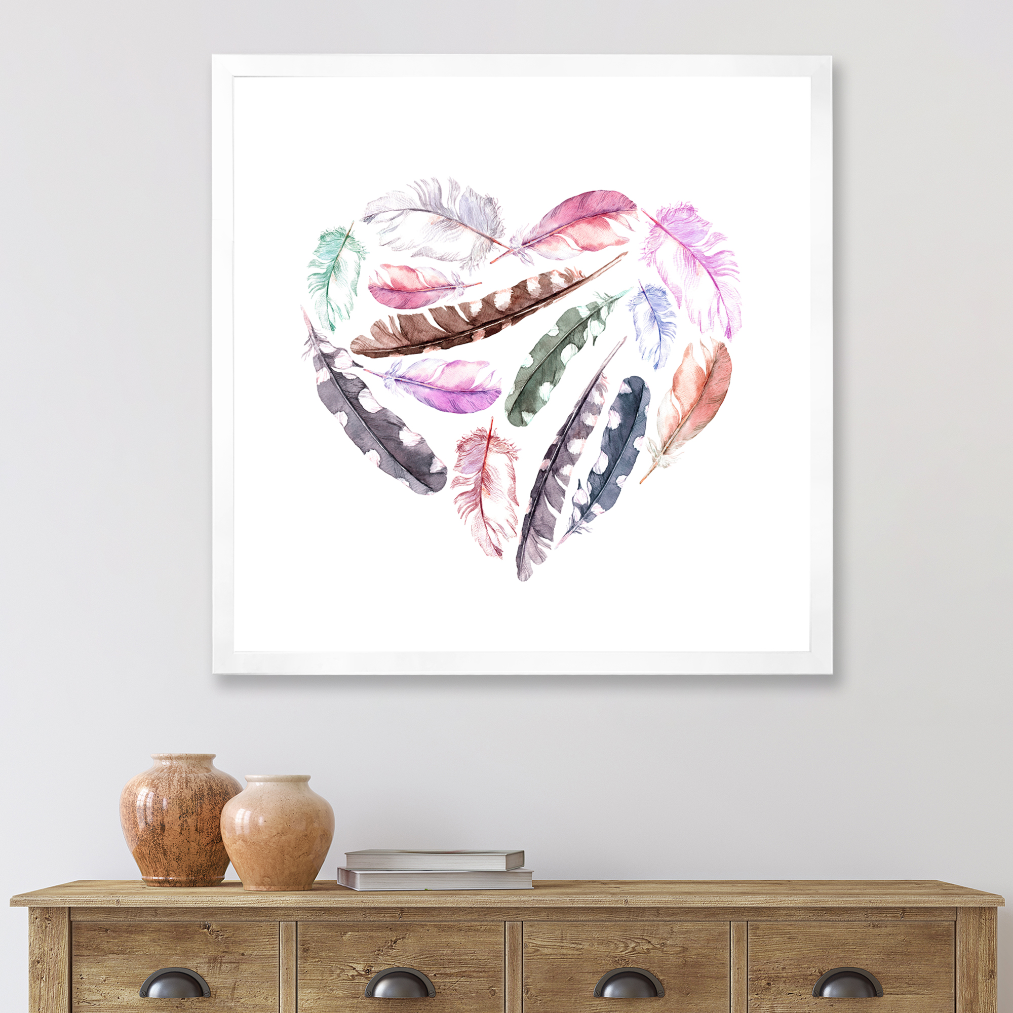 Designart 'Retro Pink Bird Feathers With Heart' Bohemian & Eclectic Framed Art Print