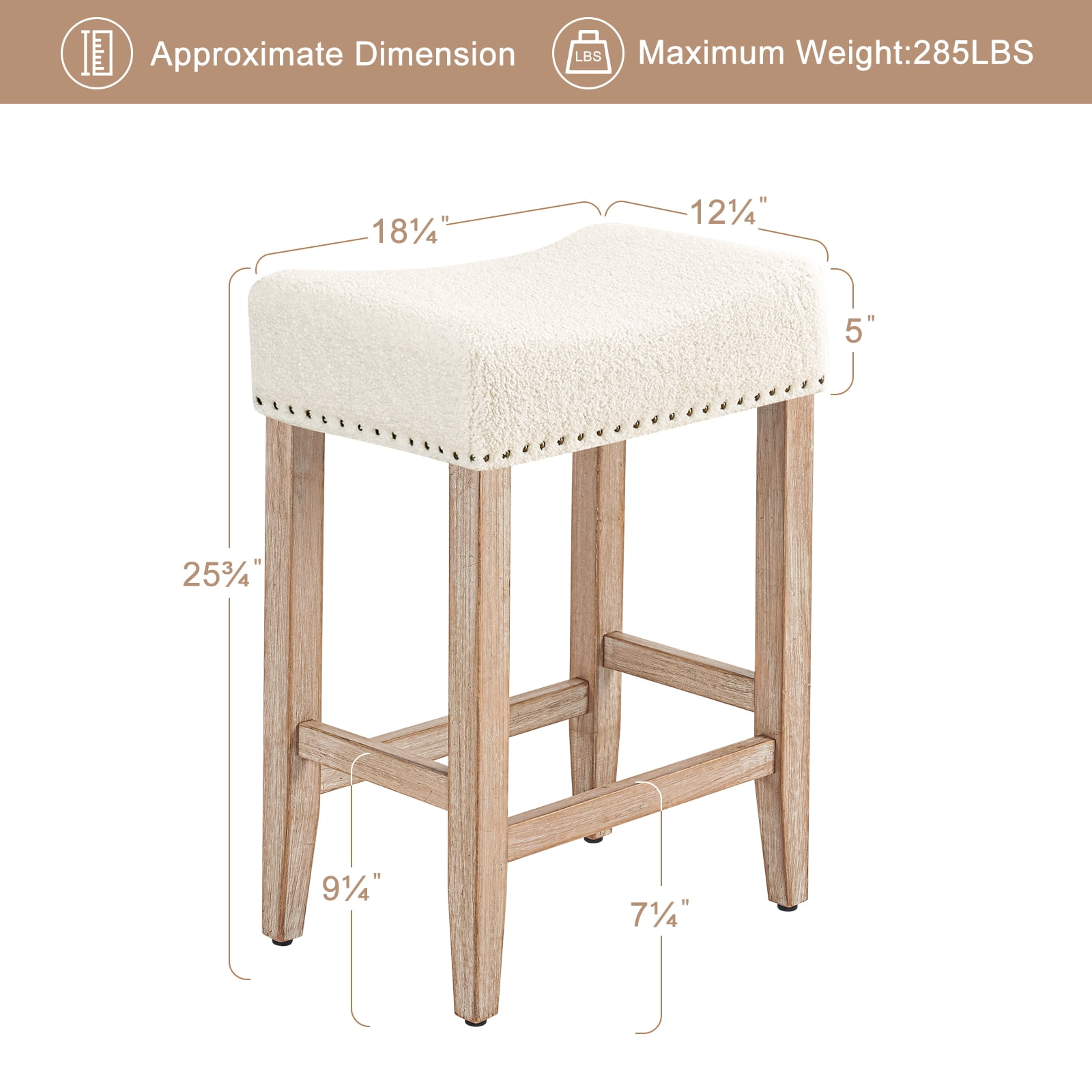 Furniliving 26" Modern Saddle Barstools, Sherpa Backless Kitchen Counter Bar Stool, Set of 2, Beige